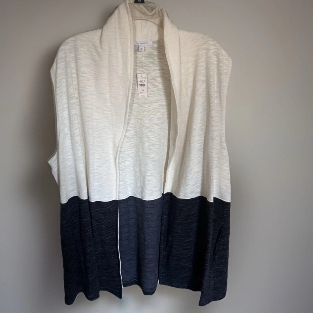 T by Talbots Open Vest Cardigan Top Shirt Color Block Gray Cream Size 3X Nice